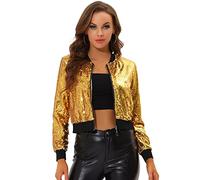 Allegra K Blouson à Paillettes Femmes Veste à Sequin à Manches Longues Bomber Aviateur Zippé Brillante pour Soirée et Disco Jaune L