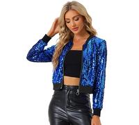 Allegra K Blouson à Paillettes Femmes Veste à Sequin à Manches Longues Bomber Aviateur Zippé Brillante pour Soirée et Disco Bleu M