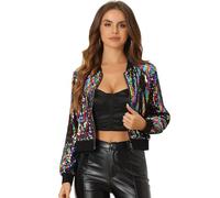 Allegra K Blouson à Paillettes Femmes Veste à Sequin à Manches Longues Bomber Aviateur Zippé Brillante pour Soirée et Disco Multicolore S