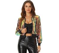 Allegra K Blouson à Paillettes Femmes Veste à Sequin à Manches Longues Bomber Aviateur Zippé Brillante pour Soirée et Disco Orange Brillant S