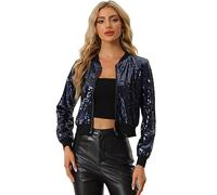 Allegra K Blouson à Paillettes Femmes Veste à Sequin à Manches Longues Bomber Aviateur Zippé Brillante pour Soirée et Disco Marine S