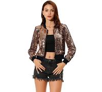 Allegra K Blouson à Paillettes Femmes Veste à Sequin à Manches Longues Bomber Aviateur Zippé Brillante pour Soirée et Disco Or XS