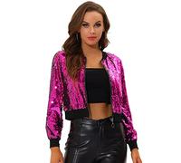 Allegra K Blouson à Paillettes Femmes Veste à Sequin à Manches Longues Bomber Aviateur Zippé Brillante pour Soirée et Disco Rose Rouge L