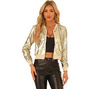 Allegra K Blouson à Paillettes Femmes Veste à Sequin à Manches Longues Bomber Aviateur Zippé Brillante pour Soirée et Disco Abricot M