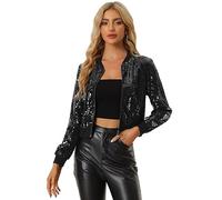 Allegra K Blouson à Paillettes Femmes Veste à Sequin à Manches Longues Bomber Aviateur Zippé Brillante pour Soirée et Disco Noir S