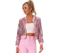Allegra K Blouson à Paillettes Femmes Veste à Sequin à Manches Longues Bomber Aviateur Zippé Brillante pour Soirée et Disco Rose M