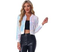 Allegra K Blouson à Paillettes Femmes Veste à Sequin à Manches Longues Bomber Aviateur Zippé Brillante pour Soirée et Disco Rose Clair M