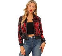 Allegra K Blouson à Paillettes Femmes Veste à Sequin à Manches Longues Bomber Aviateur Zippé Brillante pour Soirée et Disco Rouge M