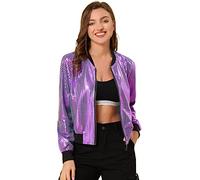 Allegra K Blouson Aviateur Zippé Métallique À Col Montant Et Mode Holographique Festival de Noël pour Femme Violet-1 L