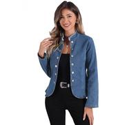 Allegra K Blouson Court en Jean Femme Veste Sans Col Ouvert sur le Devant Cardigan Vintage Blouson Blazer en Denim Décontracté Bleu M