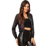 Allegra K Blouson Femme à Paillettes Veste Court Zippé Cardigan à Sequin Bomber de Fête Abricot L