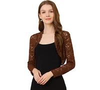 Allegra K Boléro Dentelle Florale Femme Cardigan Court Ouvert Devant à Manches Longues Boléro Élégant pour Invité de Mariage et Cocktail Gilet Court Demi-Transparent Brun M