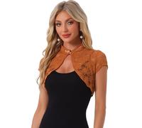 Allegra K Boléro en Dentelle Femmes à Manches Courtes Gilet Court Transparent pour Invité De Mariage Cardigan Col Montant Élégant Caramel XL