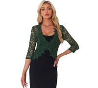 Allegra K Boléro en Dentelle Florale Femme Manches 3/4 Élégant Cardigan Court Transparent Gilet Léger pour Invité de Maraige Vert foncé L
