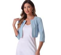 Allegra K Boléro en Mousseline Femme Blazer Court de Bureau à Haussement d'Épaules et à Manches 3/4 Cardigan Léger Court Plissé sans Col Bleu Clair M