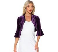 Allegra K Boléro en Velour pour Femme Gilets Haussement d'Épaules Manches 3/4 Devant Ouvert à Volants pour Soirée Cardigan Court Violet Foncé L