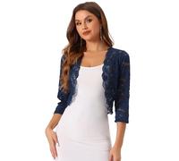 Allegra K Boléro Femme Élégant en Dentelle Floral à 3/4 Manches Cardigan Transparent à Haussement d'Épaule Boléro pour Mariage et Fête Gilet Court Léger Devant Ouvert Bleu Foncé XXL