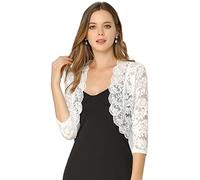 Allegra K Boléro Femme Élégant en Dentelle Floral à 3/4 Manches Cardigan Transparent à Haussement d'Épaule Boléro pour Mariage et Fête Gilet Court Léger Devant Ouvert Blanc M