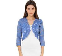 Allegra K Boléro Femme Élégant en Dentelle Floral à 3/4 Manches Cardigan Transparent à Haussement d'Épaule Boléro pour Mariage et Fête Gilet Court Léger Devant Ouvert Bleu Gris XS