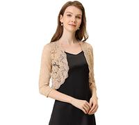Allegra K Boléro Femme Élégant en Dentelle Floral à 3/4 Manches Cardigan Transparent à Haussement d'Épaule Boléro pour Mariage et Fête Gilet Court Léger Devant Ouvert Kaki S