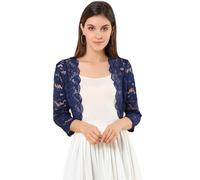 Allegra K Boléro Femme Élégant en Dentelle Floral à 3/4 Manches Cardigan Transparent à Haussement d'Épaule Boléro pour Mariage et Fête Gilet Court Léger Devant Ouvert Bleu Marine XS