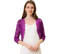 Allegra K Boléro Femme Élégant en Dentelle Floral à 3/4 Manches Cardigan Transparent à Haussement d'Épaule Boléro pour Mariage et Fête Gilet Court Léger Devant Ouvert Rose Violet M