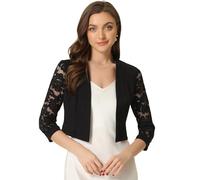 Allegra K Boléro Femme Élégante de Mariage Veste Courte Chic à Manche 3/4 en Dentelle Florale Cardigan Court pour Robe de Soirée Noir M