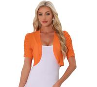 Allegra K Boléro Femme en Maille à Manches Courtes Froncées Gilet Court Léger Demi-Transparent Cardigan pour Robe de Cocktail Orange XL