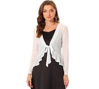 Allegra K Boléro Transparent Femme en Mousseline de Soie Gilet Court en Voile à Volants à Nouer Devant Manches Longues Cardigan Léger Blanc L