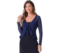 Allegra K Boléro Transparent Femme en Mousseline de Soie Gilet Court en Voile à Volants à Nouer Devant Manches Longues Cardigan Léger Bleu Foncé S