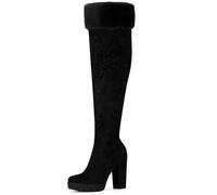 Allegra K Bottes hautes à plateforme et fermeture éclair en fausse fourrure pour femme, talon épais, au-dessus du genou Noir 38