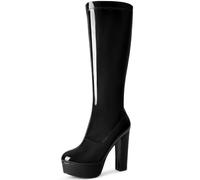 Allegra K Bottes hautes à talons épais et plateforme en cuir verni pour femmes Noir 36