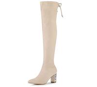 Allegra K Bottes Hautes à Talons épais et Strass pour Femmes Beige 37.5