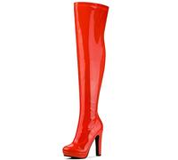 Allegra K Bottes Hautes en Cuir Verni Chunky pour Femmes Rouge-Orange 38