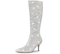 Allegra K Bottes hautes pour femmes à bout pointu scintillant scintillant et talon aiguille Argent 37.5
