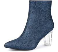 Allegra K Bottines à talon épais à bout pointu pailleté pour femme, bleu marine, 38 EU