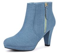 Allegra K Bottines à talons épais et plateforme basse, avec fermeture éclair latérale, pour femmes, bleu jean, 39.5 EU