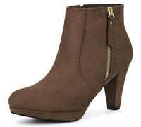 Allegra K Bottines à talons épais et plateforme basse, avec fermeture éclair latérale, pour femmes, marron foncé, 38.5 EU
