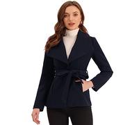 Allegra K Caban à col châle pour femme Manteau d'hiver boutonné à poches obliques avec ceinture Bleu foncé L