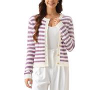 Allegra K Cardigan en Tricot Femme Pull Rayé Boutonné à Manches Longues Ouvert sur Le Devant Veste Décontractée Gilet Élastique à Rayure Blanc Violet XS