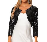 Allegra K Cardigan Femme Paillettes Boléro Métallique Veste Courte à Sequin Manches 3/4 Ouvert sur Le Devant Gilet pour Fête et Soirée Noir M
