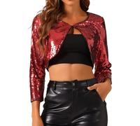 Allegra K Cardigan Femme Paillettes Boléro Métallique Veste Courte à Sequin Manches 3/4 Ouvert sur Le Devant Gilet pour Fête et Soirée Rouge XL