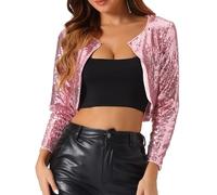 Allegra K Cardigan Femme Paillettes Boléro Métallique Veste Courte à Sequin Manches 3/4 Ouvert sur Le Devant Gilet pour Fête et Soirée Rose XL