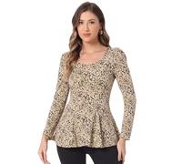Allegra K Chemise à Basque à Manches Longues et Encolure dégagée pour Femmes Abricot-léopard S