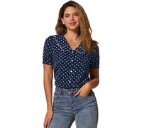 Allegra K Chemise à Pois Femme à Manches Courtes Bouffante Haut à Col Claudine Vintage en Mousseline de Soie Bleu foncé L