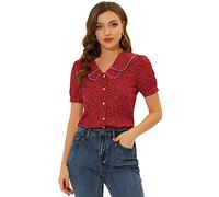 Allegra K Chemise à Pois Femme à Manches Courtes Bouffante Haut à Col Claudine Vintage en Mousseline de Soie Rouge L