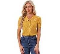 Allegra K Chemise à Pois Femme à Manches Courtes Bouffante Haut à Col Claudine Vintage en Mousseline de Soie Moutarde S