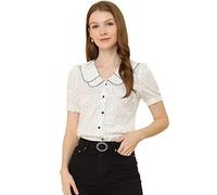 Allegra K Chemise à Pois Femme à Manches Courtes Bouffante Haut à Col Claudine Vintage en Mousseline de Soie Blanc XL