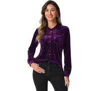 Allegra K Chemise de Travail en Velours boutonnée à Manches Longues pour Femme avec col Pointu et Poche sur Le Devant Violet foncé L
