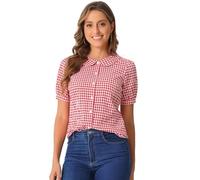 Allegra K Chemisier à Carreaux pour Femme à Manches Courtes et col Claudine Rouge S